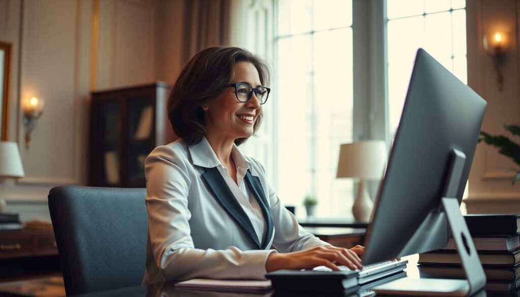 A professional, hard-working secretary sitting at a neatly organized desk, intently focused on her computer screen. The office environment is warm and inviting, with soft natural lighting filtering in through large windows. The secretary's expression conveys a sense of satisfaction and purpose, as she takes pride in her role of supporting the executive team and ensuring the smooth running of the business. The background features elegant decor and subtle accents that reinforce the sense of an upscale, prestigious workplace. The overall atmosphere evokes a feeling of efficiency, productivity, and the rewarding nature of the secretary's contributions to the organization.