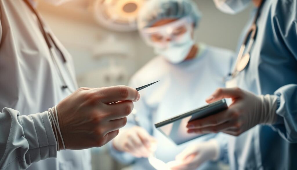 A professional healthcare team collaborating, with medical equipment and tools in the background. A close-up view of their hands, showcasing various specialized skills - a scalpel for precision surgery, a stethoscope for monitoring vital signs, a tablet for digital charting. Soft, warm lighting illuminates the scene, creating a serene, focused atmosphere. The image emphasizes the expertise and specialized skills required for a successful co-medical career, reflecting the "専門 スキル" of this healthcare discipline.