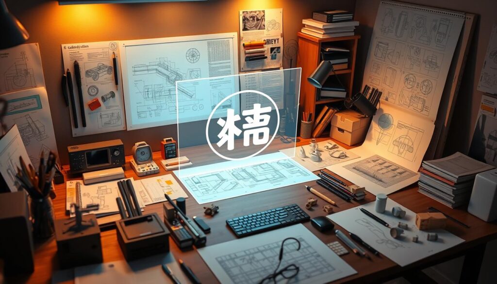 A professional industrial designer's desk, meticulously arranged with various design tools and sketches. In the center, a holographic projection displays the "プロダクトデザイン検定" exam logo, surrounded by technical diagrams, prototypes, and 3D-printed models. Warm, directional lighting casts dramatic shadows, highlighting the attention to detail and the designer's passion for their craft. The scene conveys a sense of focus, innovation, and the pursuit of design excellence, reflecting the skills and credentials required of an accomplished industrial designer.