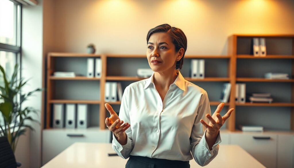 A professional interpreter standing in a modern, well-lit office, their hands gesturing expressively as they engage in a conversation. The background features a sleek, minimalist desk and shelves filled with reference materials, conveying a sense of expertise and professionalism. Warm, directional lighting illuminates the interpreter's face, highlighting their focused expression and attention to detail. The scene evokes a sense of the high-stakes, high-value nature of the interpreter's work and the importance of their role in facilitating communication.