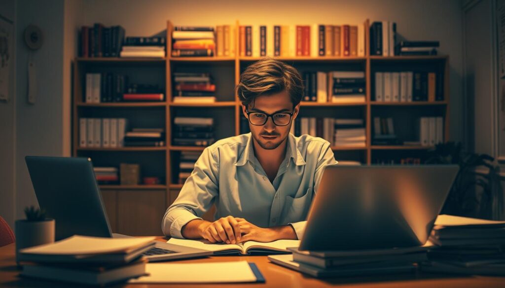 A professional interpreter working diligently at their desk, surrounded by reference materials and a laptop. The scene is illuminated by warm, focused lighting, creating a cozy, studious atmosphere. The interpreter's face is in deep concentration, conveying the mental focus required for their skilled task of accurately translating between languages. The middle ground features a backdrop of shelves filled with dictionaries and linguistic resources, while the background suggests a modern office setting with neutral tones and minimalist decor, allowing the interpreter's work to be the central focus.