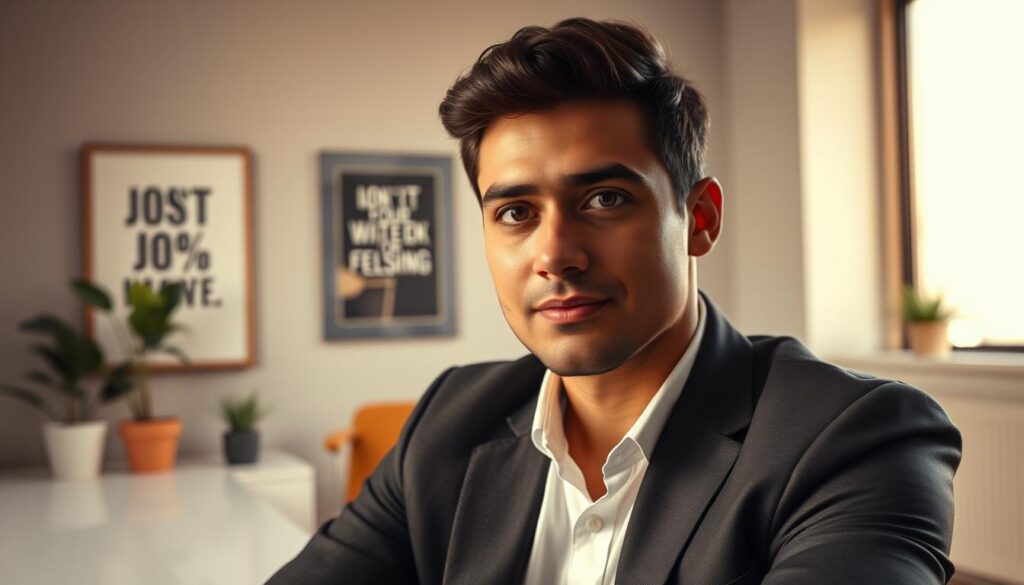 A professional job candidate sitting in a well-lit interview room, facing the camera with a confident yet thoughtful expression. The background features a clean, minimalist office setting with subtle details like a potted plant, a framed motivational artwork, and a sleek, modern desk. The lighting is warm and directional, accentuating the subject's features and creating a sense of professionalism and poise. The overall atmosphere conveys a sense of focus, self-assurance, and a carefully crafted narrative about the candidate's reasons for seeking a new opportunity.