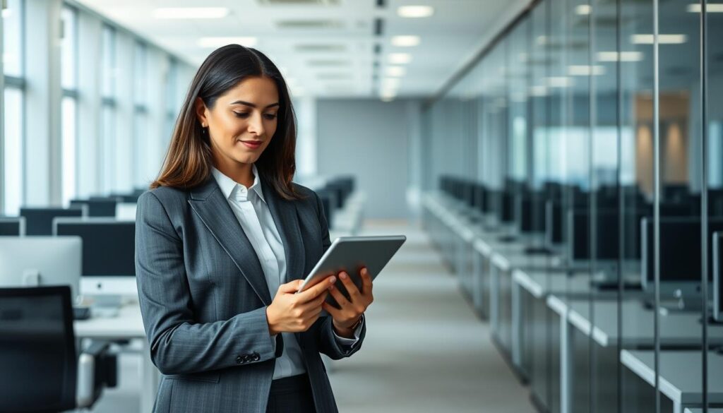 A professional job recruiter dressed in a crisp suit, standing in a modern, glass-walled office. The agent holds a tablet, scrolling through job listings with a focused expression. The background features rows of desks and computer screens, conveying an atmosphere of productivity and opportunity. Soft, directional lighting illuminates the scene, highlighting the agent's confident pose and the sleek, minimalist design of the workspace. The overall impression is one of expertise, efficiency, and the promise of finding the perfect career transition for an aspiring educator.