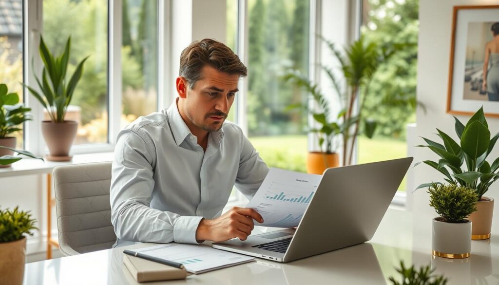 A professional landscape consultant sits at a desk, reviewing financial reports and charts on a laptop. The office is bright and airy, with large windows overlooking a lush, well-manicured garden. Soft, natural lighting filters in, creating a serene and contemplative atmosphere. The consultant's face is focused, brow furrowed, as they calculate the annual earnings of their thriving landscape design practice. Elegant potted plants and carefully curated artwork adorn the space, reflecting the consultant's passion for harmonizing nature and urban environments. The scene conveys the financial success and expertise of a skilled landscape design professional.
