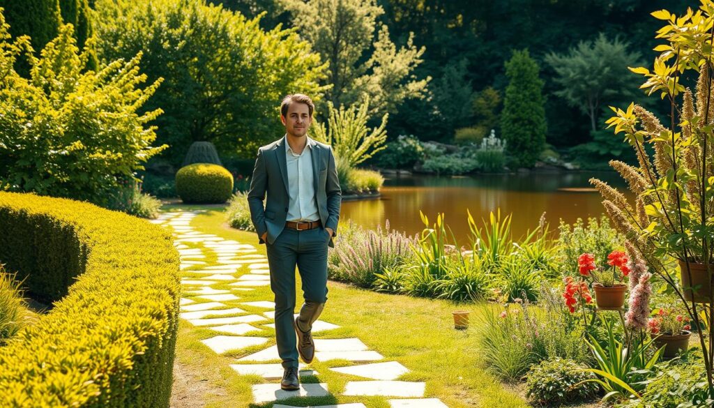A professional landscape consultant walks through a serene garden, contemplating their career path. The foreground features a well-manicured hedge and a winding stone path, while the middle ground showcases an array of lush greenery and vibrant flowers. In the background, a tranquil pond reflects the surrounding foliage, creating a calming atmosphere. Warm, natural lighting bathes the scene, illuminating the consultant's thoughtful expression as they consider the diverse opportunities within the field of landscape design and consulting. The composition evokes a sense of growth, harmony, and the rewarding journey of a career in sustainable landscape management.