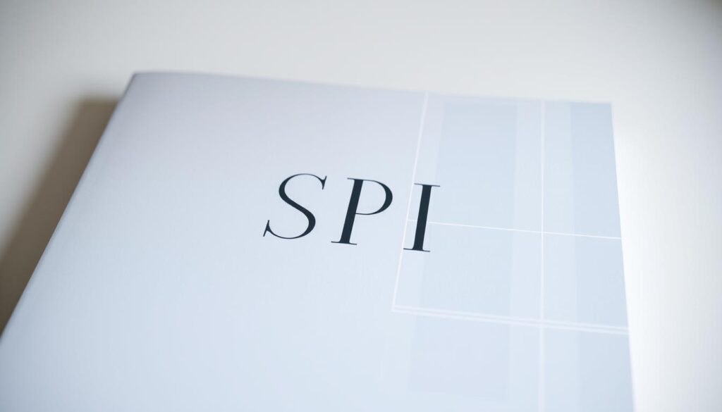 A professional-looking SPI (Situational Personality Inventory) results cover with a clean, modern design. The cover features a minimalist layout with a subtle grid pattern in the background, creating a sense of structure and organization. The focal point is a large, bold title "SPI結果カバー" prominently displayed in the center, using a sleek, sans-serif typeface. The overall mood is one of confidence, competence, and a touch of elegance, reflecting the seriousness of the SPI evaluation process. The lighting is soft and diffused, creating an inviting and approachable atmosphere. The camera angle is slightly elevated, giving the image a sense of authority and importance. The color palette is muted, with a predominance of grays, blues, and whites, conveying a professional and refined aesthetic.