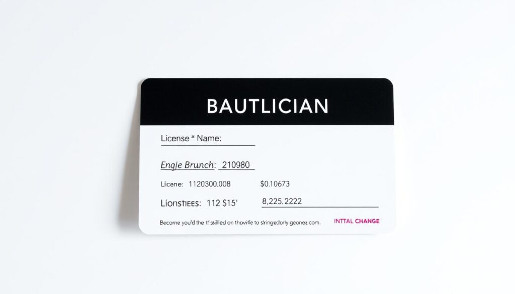 A professional-looking beautician's license with a sleek, modern design. The license is displayed against a clean, minimal background, perhaps a plain white or light gray surface, with subtle shadows and highlights to give it depth and dimensionality. The text on the license is clear and legible, showcasing the key details such as the license holder's name, license number, and expiration date. The overall composition conveys a sense of authority, credibility, and attention to detail, reflecting the high standards and qualifications required to become a skilled makeup artist.