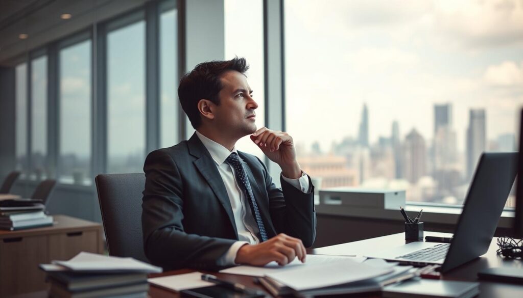 A professional-looking businessman in a suit and tie, sitting at a desk in a modern office. The desk is cluttered with paperwork, a laptop, and various office supplies. The man has a thoughtful expression on his face, gazing out a large window that provides a view of a bustling city skyline. Soft, indirect lighting illuminates the scene, creating a sense of contemplation and focus. The background is slightly blurred, emphasizing the subject. The overall mood is one of a hardworking, high-level executive reflecting on their annual compensation and the responsibilities of their technical director role.