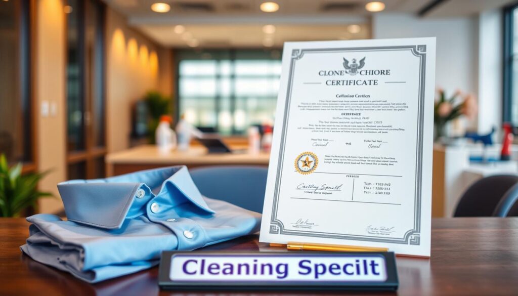A professional-looking certification document prominently displayed, illuminated by warm, natural lighting. In the foreground, a pair of clean, well-pressed uniform shirts and a nameplate with the title "Cleaning Specialist" are neatly arranged. The middle ground features a tidy workstation with cleaning supplies and equipment, conveying a sense of order and expertise. The background hints at a modern, well-appointed office environment, suggesting the respectability and credibility of the cleaning profession. The overall composition and attention to detail evoke a strong sense of accomplishment, skill, and the dedication required to attain this certification.
