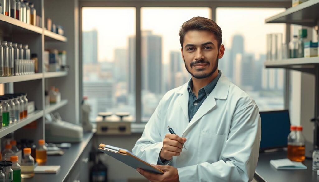A professional-looking individual, dressed in a crisp white lab coat, stands in a well-equipped laboratory. Shelves of analytical equipment and test tubes filled with liquids surround them, creating an atmosphere of scientific inquiry. The lighting is soft and warm, casting a gentle glow over the scene. The person's expression is one of focused determination, as they carefully record measurements on a clipboard, taking the first steps towards a career as a skilled metrologist. In the background, a large window provides a glimpse of a bustling city skyline, representing the diverse opportunities available to those who pursue this specialized field.
