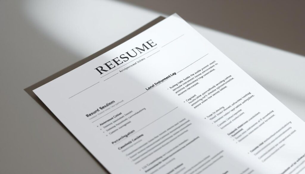 A professional-looking resume with a clearly defined section highlighting the appropriate way to address employment gaps. The page is well-organized, with clean, minimalist design elements and subtle textural details. The background is a muted, calming tone that allows the resume content to take center stage. Soft, directional lighting casts gentle shadows, creating depth and emphasizing the resume's key sections. The overall composition conveys a sense of thoughtfulness, transparency, and attention to detail - qualities that would be desirable for a job applicant to project.