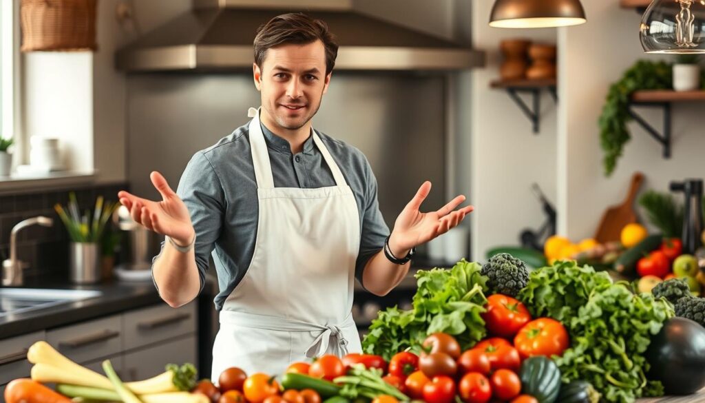 A professional-looking vegetable sommelier standing in a well-lit kitchen, wearing a crisp white apron and an expression of focused expertise. They are surrounded by an array of fresh, vibrant vegetables, each carefully selected and arranged to showcase their unique colors, textures, and flavors. The sommelier gestures gracefully, imparting knowledge and enthusiasm about the vegetables' origins, growing methods, and optimal culinary applications. The scene radiates a sense of culinary mastery and a deep appreciation for the art of vegetable-centric cuisine.