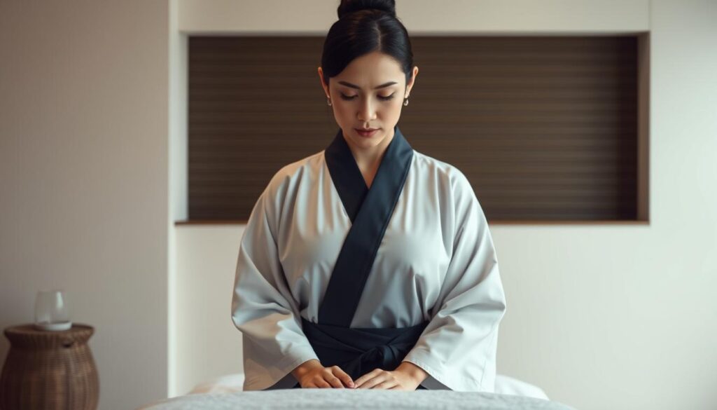 A professional massage therapist in traditional Japanese attire, standing in a serene, minimalist interior with soft lighting. The masseuse's hands are positioned delicately, ready to perform the precise techniques of anma massage and shiatsu pressure point therapy. The atmosphere conveys a sense of tranquility, expertise, and attention to detail, reflecting the specialized knowledge and skills required of a licensed "anma massage, shiatsu, and acupressure" practitioner.
