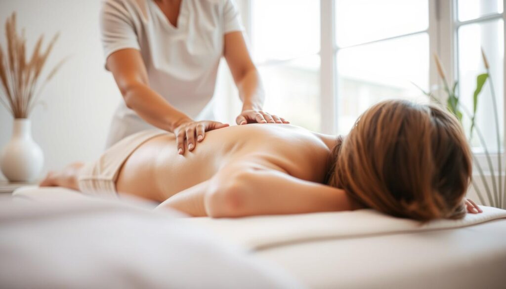 A professional massage therapist skillfully applying deep tissue massage techniques to a client's back, using firm pressure and long, smooth strokes. The therapist's hands are positioned precisely, showcasing their expertise and years of practice. The scene is captured in a softly lit, serene massage studio setting, with neutral-toned walls and natural lighting filtering in from large windows. The overall mood is one of tranquility and relaxation, reflecting the calming nature of the massage therapy profession.