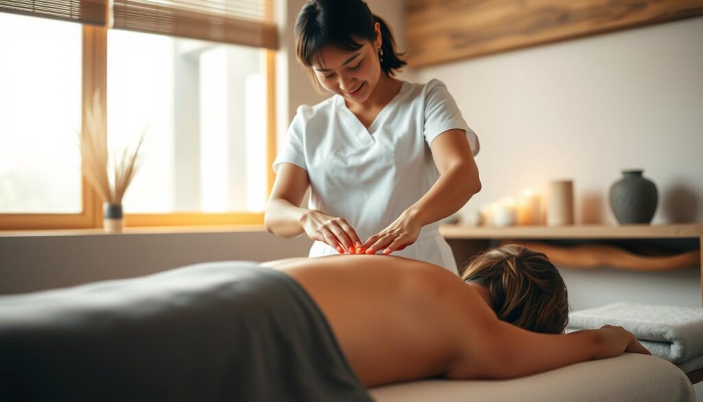 A professional massage therapist standing in a serene, minimalist treatment room. Warm, natural lighting illuminates their hands as they perform a flowing, rhythmic acupressure technique on a relaxed client. The therapist's expression is focused and their movements precise, conveying their extensive training and expertise. The room's decor features natural materials like wood and stone, creating a calming, spa-like atmosphere. The scene suggests the therapist's ability to provide a rejuvenating, therapeutic experience for their patients.