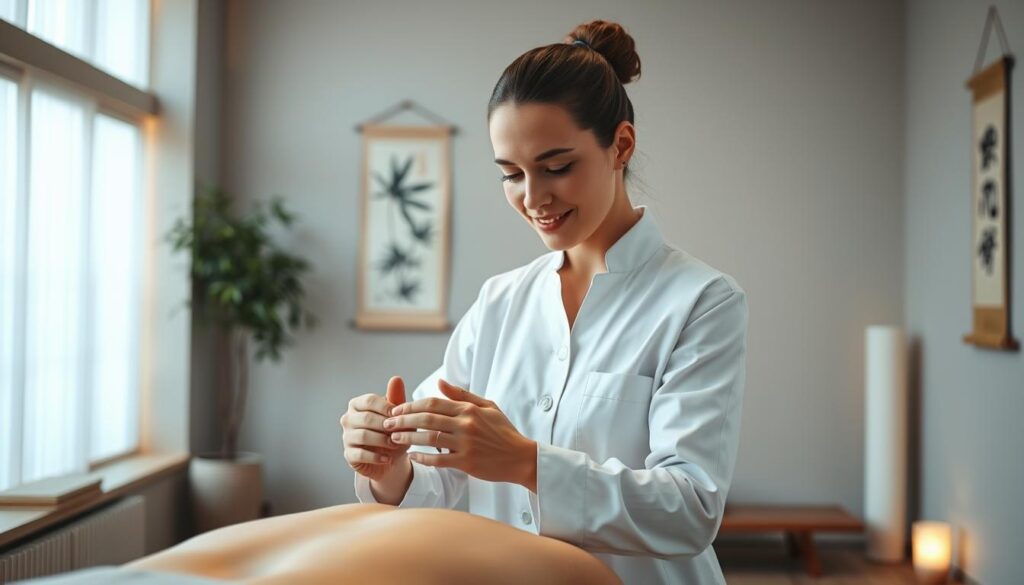 A professional massage therapist standing in a tranquil, softly lit studio, wearing a clean white uniform. The therapist's hands are in focus, carefully manipulating acupressure points on a patient's back. The room is adorned with minimalist decor, with subtle Japanese influences - a bamboo plant, a hanging scroll painting, and a low wooden table. The lighting is warm and diffused, creating a calming, meditative atmosphere. The therapist's expression is one of deep concentration and expertise, reflecting their years of specialized training and dedication to their craft.