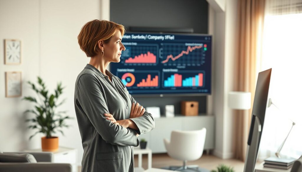 A professional mid-career woman in her 40s stands in a well-lit office, surveying data visualizations on a large monitor. Crisp lighting accentuates her thoughtful expression as she considers career trends for women of her demographic across companies of varying sizes. The scene is staged with a blend of contemporary furnishings and clean, minimalist design, creating a sense of clarity and focus. The overall mood conveys an air of purposeful contemplation, reflecting the woman's strategic approach to her next professional move.