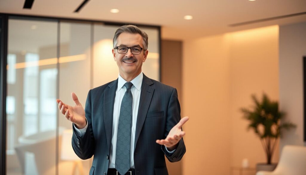 A professional, middle-aged career consultant standing confidently in a modern, well-lit office, dressed in a sharp suit and tie, gesturing with an open, welcoming posture. The background features a sleek, minimalist decor with warm, indirect lighting, creating a calm and approachable atmosphere. The consultant's expression conveys expertise, empathy, and a genuine desire to assist the client in navigating the challenges of a midlife career transition.