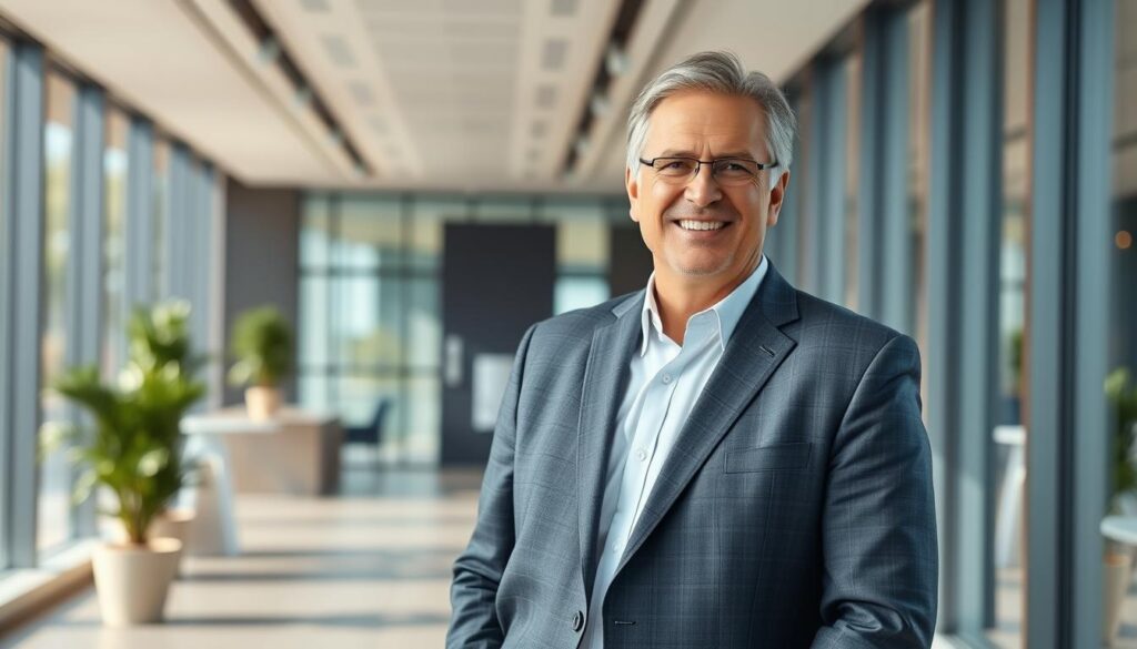 A professional middle-aged individual standing confidently in a modern office setting, dressed in a well-tailored suit, exuding a sense of purpose and contentment. The background features a sleek, minimalist interior design with large windows allowing natural light to flood the space, creating a warm and inspirational atmosphere. The subject's expression conveys a sense of fulfillment and growth, signifying the successful transition to a new career path. The overall scene captures the essence of a thriving 30s career change, serving as an aspirational example for others considering a similar journey.