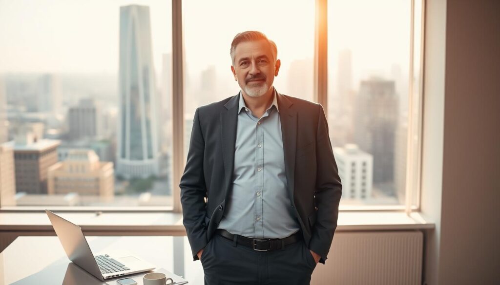 A professional middle-aged man standing confidently in a sunlit office, his expression calm and thoughtful. In the foreground, a clean minimalist desk with a laptop, coffee mug, and a few key documents. Behind him, a large window overlooking a bustling city skyline. The lighting is soft and warm, creating a sense of focus and determination. The overall atmosphere is one of purpose, contemplation, and optimism about the next phase of his career.