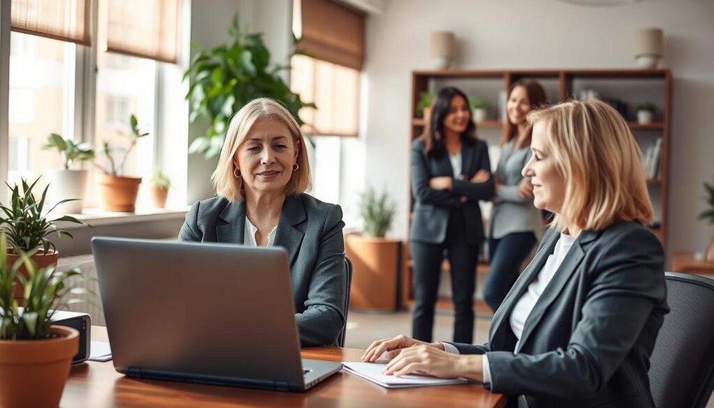 A professional, modern-looking office setting with a warm and welcoming atmosphere. In the foreground, a middle-aged woman in business attire sits at a desk, engaged in a video call on a laptop. Behind her, two younger women stand, discussing career options and offering guidance. Natural lighting fills the space, creating a sense of openness and productivity. The background features tasteful office decor, plants, and a bookshelf, conveying a supportive and nurturing environment for the 40's career woman. The overall scene suggests a comprehensive career transition service tailored to the needs and experiences of the 40-something female professional.