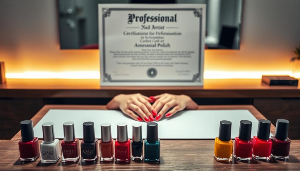 A professional nail artist's certificate, beautifully displayed on a sleek, minimalist wooden desk. The certificate is illuminated by soft, warm lighting, casting a gentle glow and creating a serene, contemplative atmosphere. In the foreground, a selection of high-quality nail polish bottles in a range of vibrant colors are neatly arranged, hinting at the artist's expertise and dedication. The middle ground features a pair of elegant, well-maintained hands with perfectly manicured nails, serving as a testament to the artist's skills. The background is slightly blurred, drawing the viewer's focus to the certificate and the tools of the trade, emphasizing the importance of proper qualifications and expertise in the world of professional nail artistry.