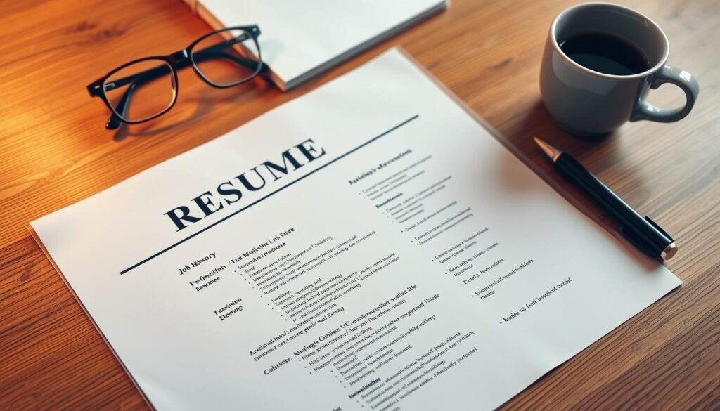 A professional, neatly organized resume and job history document laid out on a wooden desk, with a pen, glasses, and a cup of coffee nearby. The document is centered in the frame, crisp and clear, with a warm, soft lighting illuminating the scene. The background is slightly blurred, creating a sense of focus on the essential elements. The overall mood is one of diligence, attention to detail, and a thoughtful approach to career documentation.