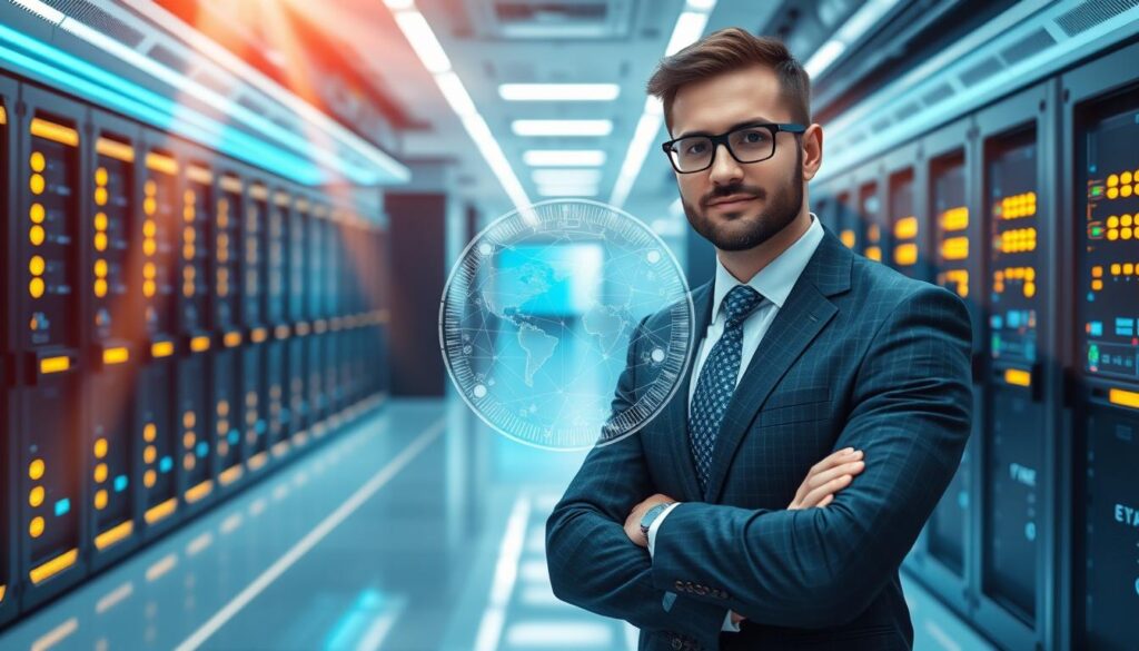 A professional network engineer standing confidently in a futuristic, technology-driven environment. The background is a sleek, modern data center with rows of server racks, glowing LED panels, and a holographic interface displaying complex network diagrams. The engineer is dressed in a sharp, tailored suit, symbolizing their expertise and adaptability in an ever-evolving industry. Subtle rays of warm lighting create a sense of depth and emphasize the engineer's forward-thinking mindset. The scene conveys the dynamic, innovative nature of network engineering, with the engineer poised to lead the charge into the digital future.