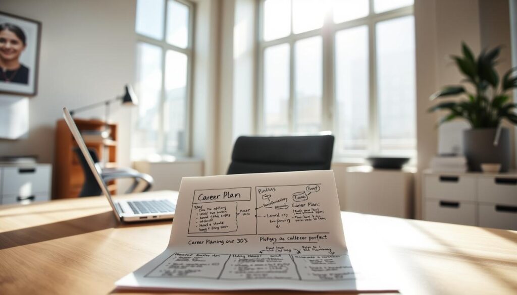 A professional office interior with a desk, chair, and laptop, lit by natural light streaming through large windows. On the desk, a career plan and transition guide, with handwritten notes and sketches depicting the steps of career change in one's 30s. The atmosphere is focused and contemplative, conveying the thoughtful process of defining one's professional goals and motivations. The scene is captured with a mid-range, slightly elevated camera angle, creating a sense of calm and clarity.