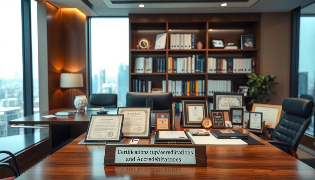 A professional office interior with sleek, modern decor. In the foreground, a sturdy wooden desk with a nameplate reading "Certifications and Accreditations". On the desk, various diplomas, certificates, and award plaques are neatly arranged. The middle ground features a bookshelf filled with reference books and industry publications. The background shows large windows overlooking a cityscape, with soft, diffused natural lighting illuminating the space. The overall atmosphere conveys a sense of expertise, accomplishment, and authority in the field of technocracy.