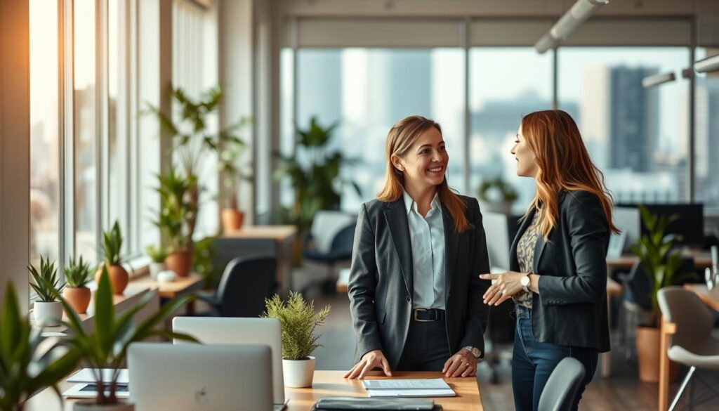 A professional office setting, softly lit with warm, natural lighting filtering in through large windows. In the foreground, two colleagues engaged in a friendly conversation, their body language open and welcoming, illustrating the process of building new work relationships after a career change. The middle ground features a mix of desks, potted plants, and modern decor, creating a sense of a collaborative and inviting work environment. In the background, a blurred cityscape can be seen, hinting at the wider context and opportunities that come with a new job. The overall scene conveys a sense of positivity, optimism, and the gradual development of interpersonal connections in the wake of a professional transition.