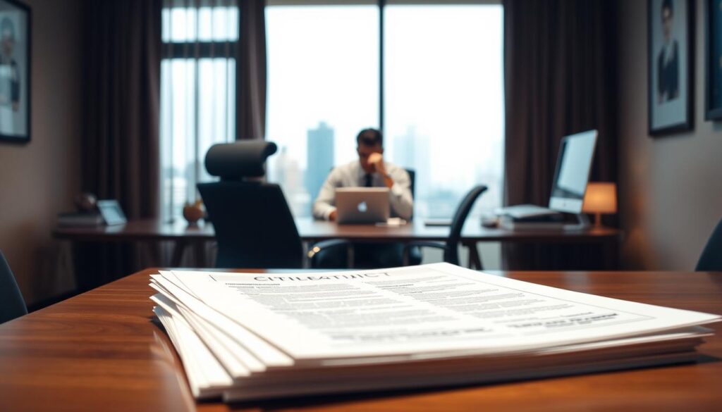 A professional office setting with a desk, chair, and computer. In the foreground, a stack of documents and a diploma or certificate representing the process of obtaining a professional certification. In the middle ground, a person sitting at the desk, deep in thought as they review the materials. The background features a window overlooking a cityscape, with subtle lighting and a warm, contemplative atmosphere. The overall scene conveys the dedicated process of acquiring the necessary qualifications to become a respected professional.