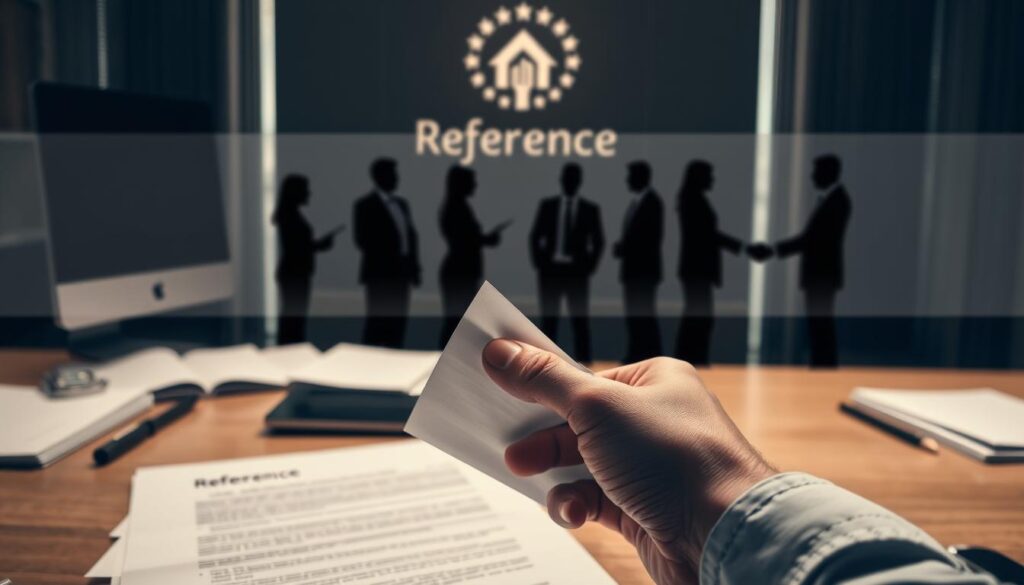 A professional office setting with a desk, computer, and documents neatly organized. In the foreground, a hand carefully reviewing a reference document. The middle ground depicts a series of interview stages, represented by silhouettes of people shaking hands. In the background, a subtle corporate logo or branding element suggests the formal context of the reference check process. Warm, muted lighting creates a sense of seriousness and attention to detail. The overall scene conveys the structured, confidential nature of a professional reference verification workflow.