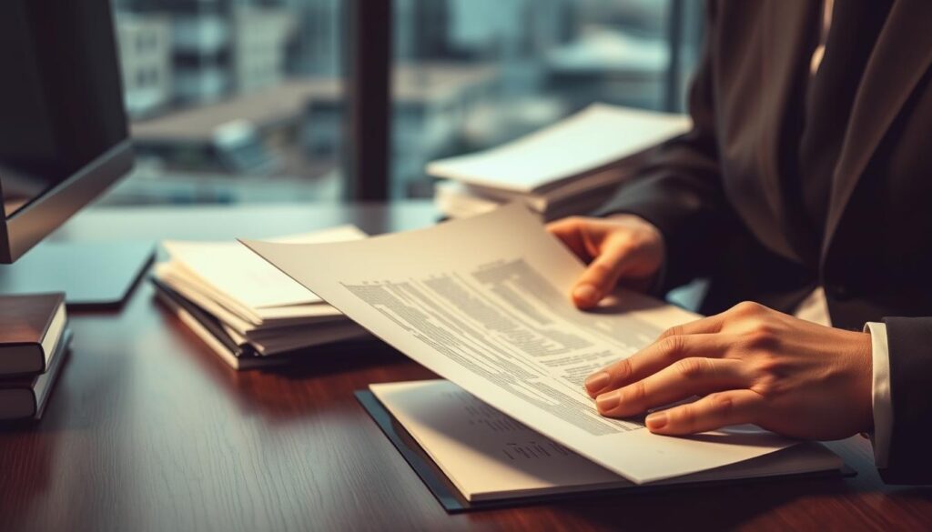 A professional office setting with a desk, computer, and stacks of documents. In the foreground, a person's hands carefully reviewing a contract, examining the fine print. The background is softly blurred, with a window overlooking a cityscape. Muted, professional colors create a sense of seriousness and legal gravity. Warm, directional lighting casts shadows, emphasizing the concentration and attention to detail required for a legal review. The scene conveys the methodical, scrutinizing nature of a reference check, balancing the need for privacy and compliance with employment laws.