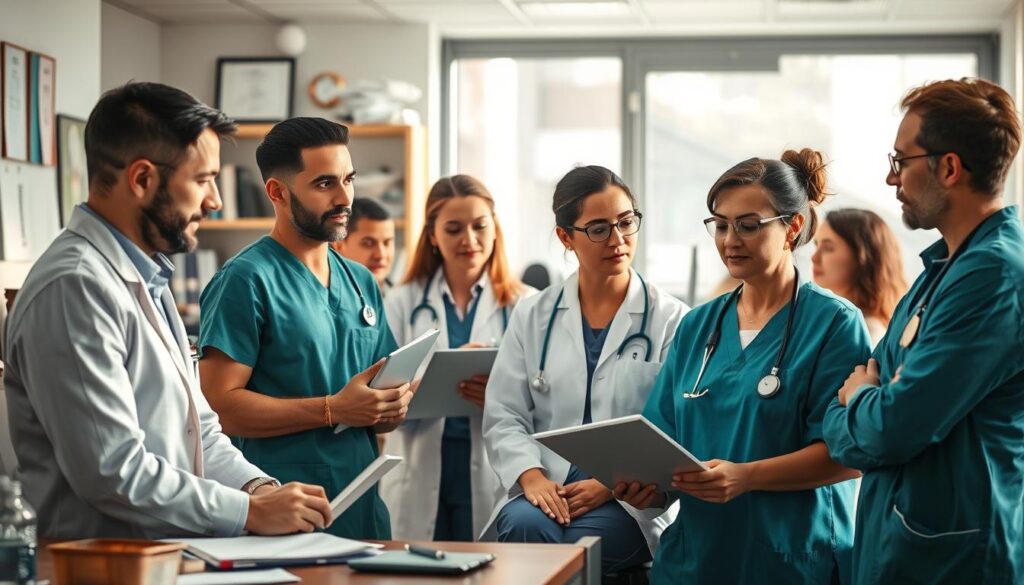 A professional office setting with a diverse group of co-medical professionals, both male and female, engaged in various tasks and discussions. The scene is well-lit, with a mix of natural and artificial lighting casting a warm, productive atmosphere. The individuals are captured in a range of body language, from collaborative to introspective, reflecting the nuances of career development and gender dynamics in the co-medical field. The background features subtle cues, such as diplomas, certificates, and equipment, hinting at the specialized knowledge and skills required for these roles. The overall composition conveys a sense of balance, progress, and the shared pursuit of excellence within the co-medical profession.