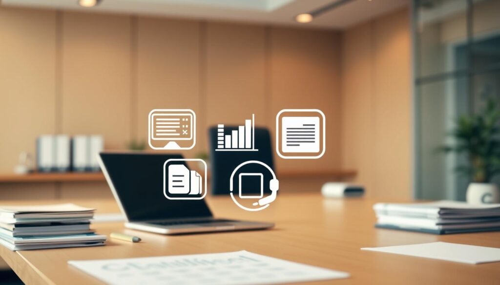 A professional office setting with a large desk, a laptop, and a stack of files. In the foreground, various icons representing in-demand skills hover over the desk - a coding terminal, a financial chart, a presentation slide, and a communications headset. The background is softly blurred, creating a sense of focus on the key skills. The lighting is warm and inviting, conveying a productive and collaborative atmosphere. The angle is slightly elevated, giving an overview of the desk and the skills highlighted. The overall mood is one of professionalism, adaptability, and the importance of diversifying one's skillset for a successful career transition.