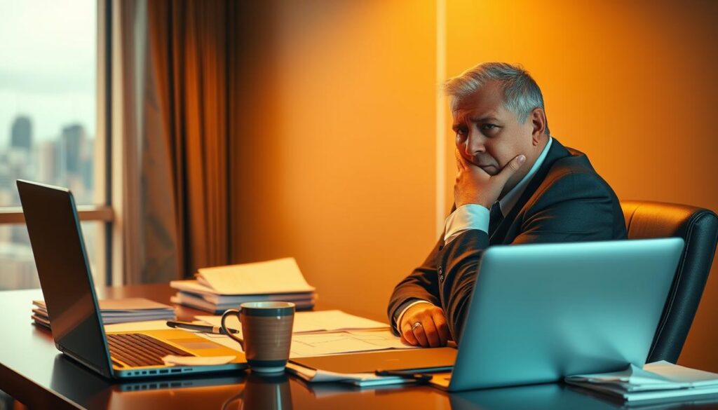 A professional office setting, with a middle-aged individual sitting at a desk, appearing stressed and overwhelmed. The lighting is warm and slightly dim, creating a sense of tension. The desk is cluttered with papers, a laptop, and a mug of coffee, hinting at a heavy workload. In the background, a window looks out onto a cityscape, suggesting the isolation and pressure of a new work environment. The figure's posture is hunched, and their facial expression conveys a mix of anxiety and determination, reflecting the challenges of managing stress during a career transition.