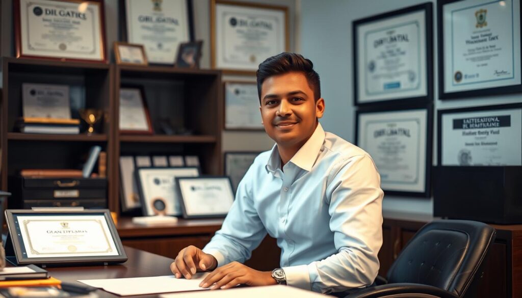 A professional office setting with a person sitting at a desk, surrounded by diplomas, certificates, and awards. The lighting is soft and warm, casting a gentle glow on the workspace. The individual appears focused, their expression one of pride and accomplishment. In the background, a bookshelf or file cabinets suggest a sense of authority and expertise. The overall atmosphere conveys the tangible benefits of obtaining professional qualifications, such as increased earning potential, job security, and career advancement.