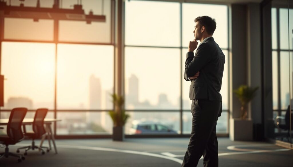A professional office setting, with a person standing at a crossroads, considering their next career move. Crisp, natural lighting from windows illuminates the scene, casting a warm, thoughtful atmosphere. The person's pose suggests deep contemplation, their gaze fixed on a metaphorical fork in the road. In the background, a blurred cityscape hints at the opportunities and challenges that await. The overall composition conveys a sense of transition, change, and the need to make a carefully considered decision.