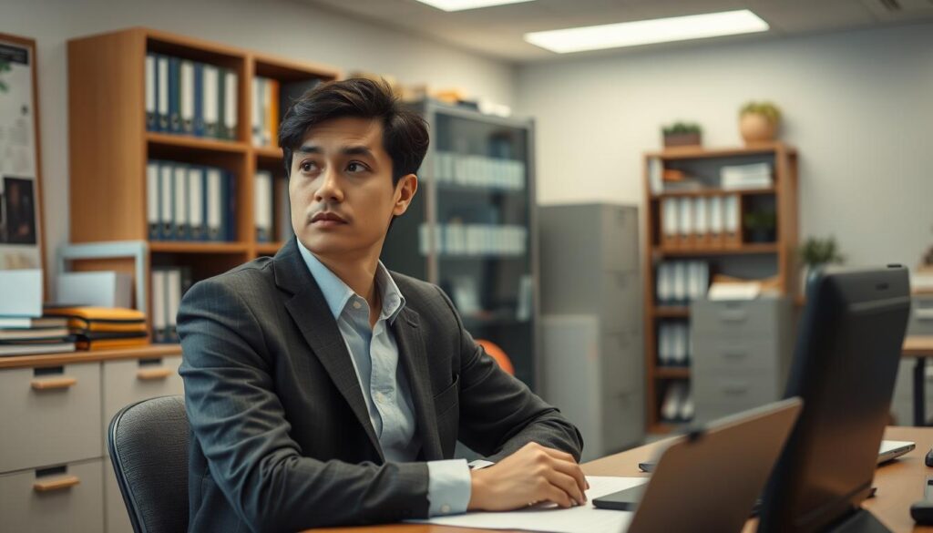 A professional office setting with a university employee sitting at a desk, contemplating their next career move. The lighting is warm and inviting, with a slight focus on the individual's face, conveying a sense of introspection. The background features bookshelves, filing cabinets, and other typical office furnishings, suggesting the familiar environment of a university administrative role. The overall atmosphere is one of thoughtfulness and subtle uncertainty, capturing the essence of the "大学職員の転職事情" topic.