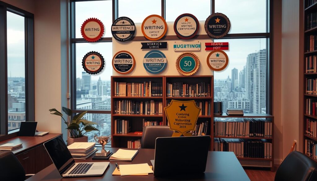 A professional office setting with a wall-mounted display showcasing various writing certification logos and contest awards. The foreground features a desk with a laptop, stationery, and a trophy or plaque highlighting a recent copywriting competition win. The middle ground shows bookshelves filled with reference materials, while the background depicts floor-to-ceiling windows overlooking a cityscape. Warm, soft lighting casts a professional, aspirational atmosphere, emphasizing the importance of continuing education and industry recognition for copywriters. The composition conveys a sense of accomplishment, expertise, and the value of developing one's skills in the field.