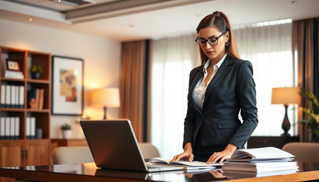 A professional office setting with a well-dressed secretary standing at her desk, focused on her work. Soft, warm lighting casts a productive atmosphere, with a sleek laptop, organized paperwork, and tasteful decor in the background. The secretary's posture is attentive, her expression calm and confident, embodying the poise, multitasking abilities, and attention to detail essential for an exceptional administrative professional. The scene conveys the skills required to excel as a secretary: strong communication, organizational prowess, adaptability, and a commitment to supporting the team.