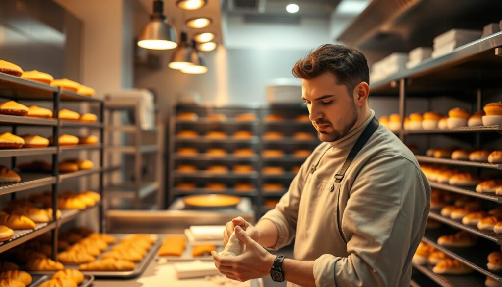 A professional pâtissier standing in a well-equipped commercial kitchen, kneading dough with focused intensity. Overhead lighting casts a warm, golden glow, illuminating the baker's precise movements as they skillfully shape and mold the pastry. In the background, rows of baking trays and racks filled with delicate cakes, flaky croissants, and other tempting confections. The air is thick with the aroma of freshly-baked goods, creating a serene, almost meditative atmosphere. The pâtissier's expression is one of deep concentration, showcasing the dedication and artistry required for this specialized culinary craft.