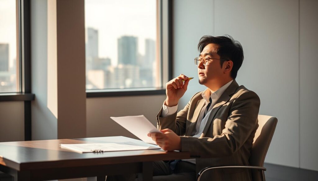 A professional person sitting at a desk, deep in contemplation, holding a pen and papers, with a thoughtful and engaged expression. The background is a minimalist office setting with a window overlooking a city skyline, bathed in warm, natural lighting. The overall mood is one of concentration and intellectual curiosity, reflecting the act of "逆質問" or posing thoughtful questions during a job interview.