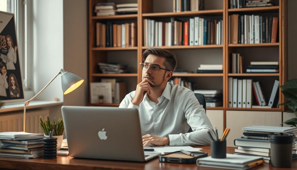 A professional person sitting at a desk, surrounded by various office supplies and a laptop. The lighting is soft and warm, creating a cozy and focused atmosphere. The person is deep in thought, contemplating their next career move during this transitional period. The desk is neatly organized, reflecting a sense of preparedness and determination. In the background, a bookshelf filled with career-related books and resources provides a sense of knowledge and guidance. The overall scene conveys a thoughtful, introspective mood, with the individual using this time to strategize and plan their next steps towards a fulfilling career transition.
