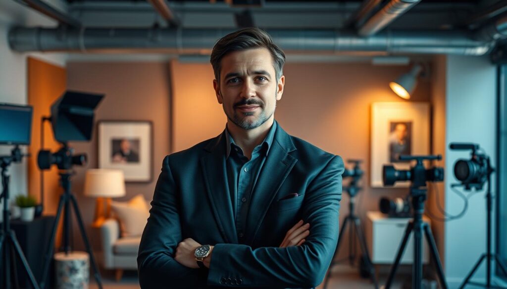 A professional photo director posing confidently, dressed in a sharp suit, standing amid a meticulously curated studio setting. Warm, focused lighting highlights their face, creating a sense of authority and expertise. In the background, a tasteful blend of minimalist decor and high-end photographic equipment conveys their technical mastery and creative vision. The overall atmosphere radiates success, professionalism, and a keen eye for detail - qualities that embody the role of a successful photo director.
