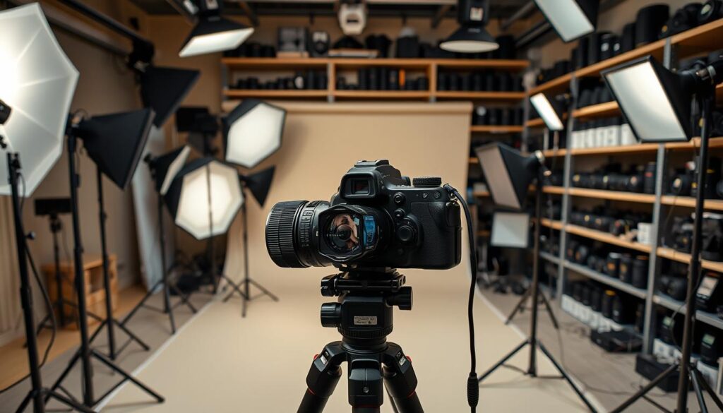 A professional photography studio filled with an array of specialized equipment for fashion photography. In the foreground, a high-end DSLR camera mounted on a tripod, its lens meticulously focused. Surrounding it, an assortment of reflectors, softboxes, and lighting stands, each designed to create the perfect illumination. In the middle ground, a seamless backdrop paper in a neutral tone, ready to capture the model's silhouette. In the background, shelves brimming with lenses of various focal lengths, as well as accessories like remote triggers and tethering cables. The overall atmosphere exudes a sense of technical expertise and attention to detail, reflecting the precise nature of the fashion photography craft.