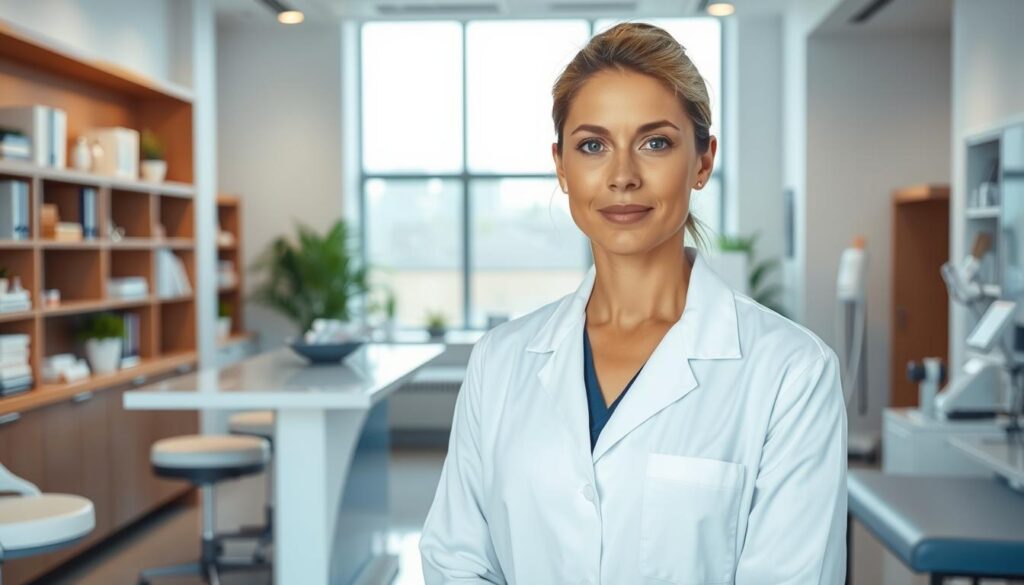 A professional physiotherapist in a white coat standing in a well-lit, modern clinic with sleek medical equipment and soothing decor. The physiotherapist has a neutral expression, conveying expertise and focus. The background features a prominent desk, shelves with medical reference books, and large windows letting in natural light. The overall atmosphere is one of competence, cleanliness, and patient-centered care, reflecting the important role of physiotherapists in healthcare.