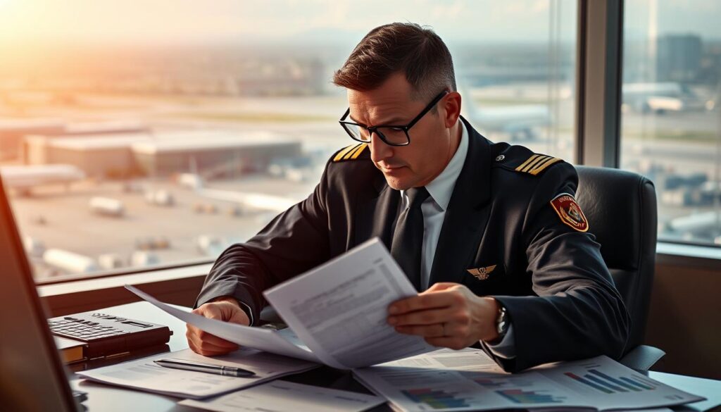 A professional pilot in full uniform sits at a desk, meticulously reviewing financial documents and investment portfolios. Warm, directional lighting casts a contemplative glow over the scene, emphasizing the pilot's focused expression. The background features a panoramic view of a bustling airport, hinting at the pilot's career and the importance of prudent financial planning. The composition conveys a sense of diligence, responsibility, and the careful consideration required to secure one's financial future in the aviation industry.