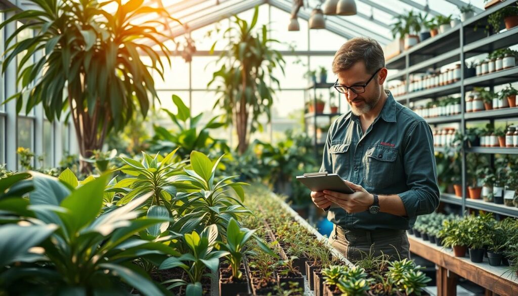 A professional plant hunter diligently tending to specimens in a lush, verdant greenhouse. Soft, natural lighting filters through large, panoramic windows, casting a warm glow over the diverse collection of rare and exotic plants. In the foreground, the plant hunter carefully inspects the leaves and soil of a delicate specimen, clipboard in hand, meticulously documenting its growth and health. In the middle ground, additional plant samples are neatly arranged on workbenches, awaiting further examination. The background features towering shelves brimming with labeled sample jars and reference materials, a testament to the hunter's extensive knowledge and research. An atmosphere of focused concentration and scientific wonder pervades the scene.